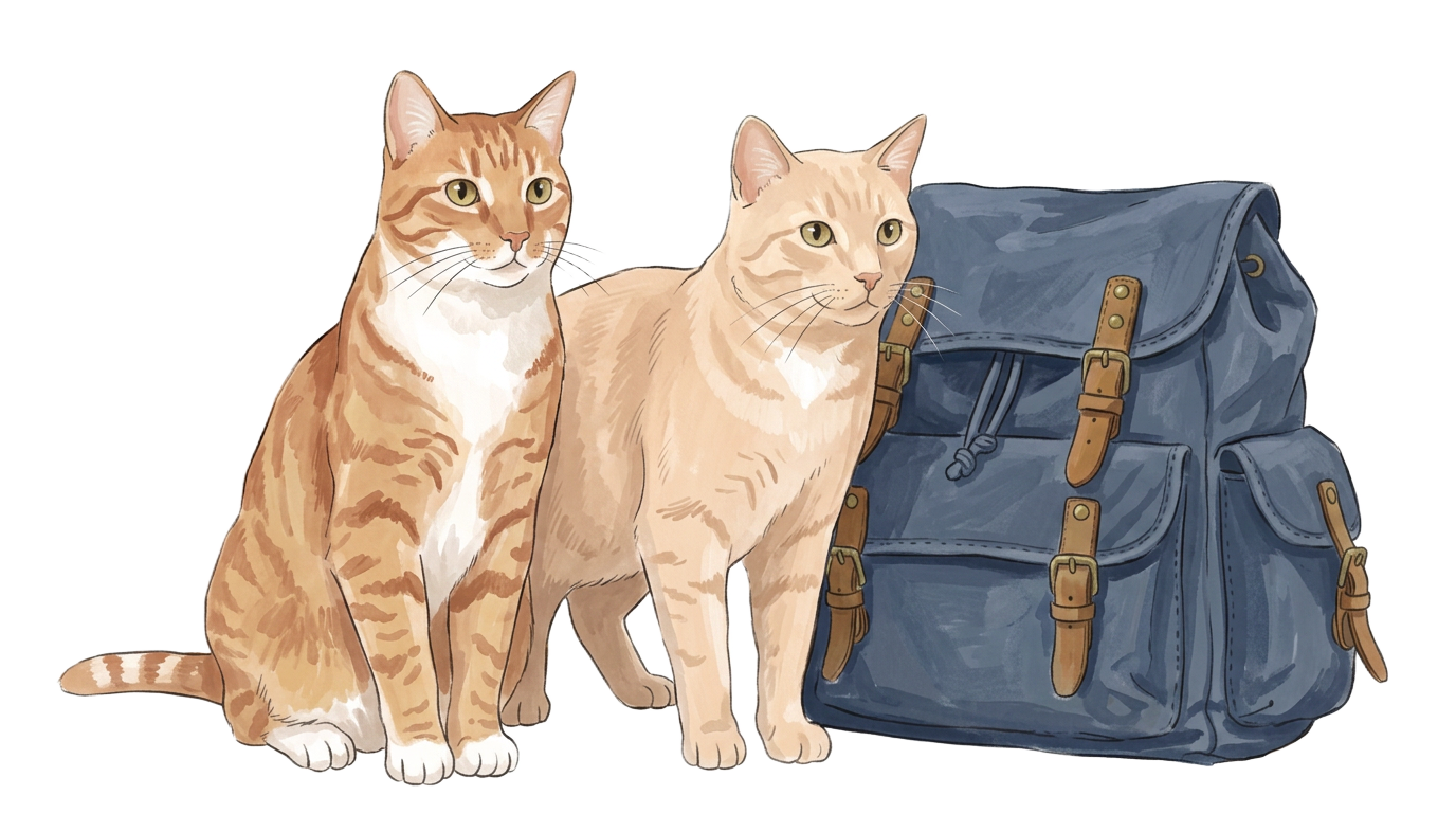 Two ginger cats sitting beside a packed indigo canvas backpack